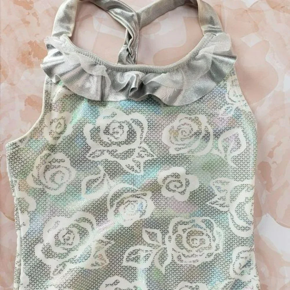 Flapdoodles Girl’s Size‎ 5 Floral metallic silver one piece Swimsuit